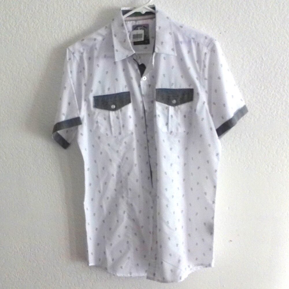LR scoop, men's shirt white/gray button-up short sleeve